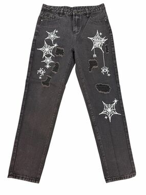 Spiderweb Distressed Black Jeans W29Goth Y2K Grunge Emo Punk